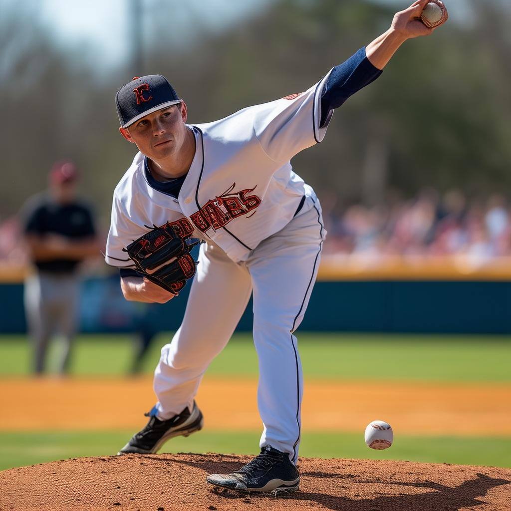 The image showcases a focused baseball pitcher on a sunlit field, his face etched with concentration and determination-1