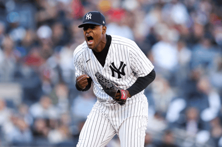 Louis Severino excited on the mound during a baseball game for the New York Yankees