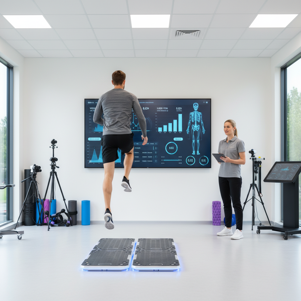 Athlete undergoing force plate assessment for sports performance testing and injury recovery evaluation at Pewaukee physical therapy center
