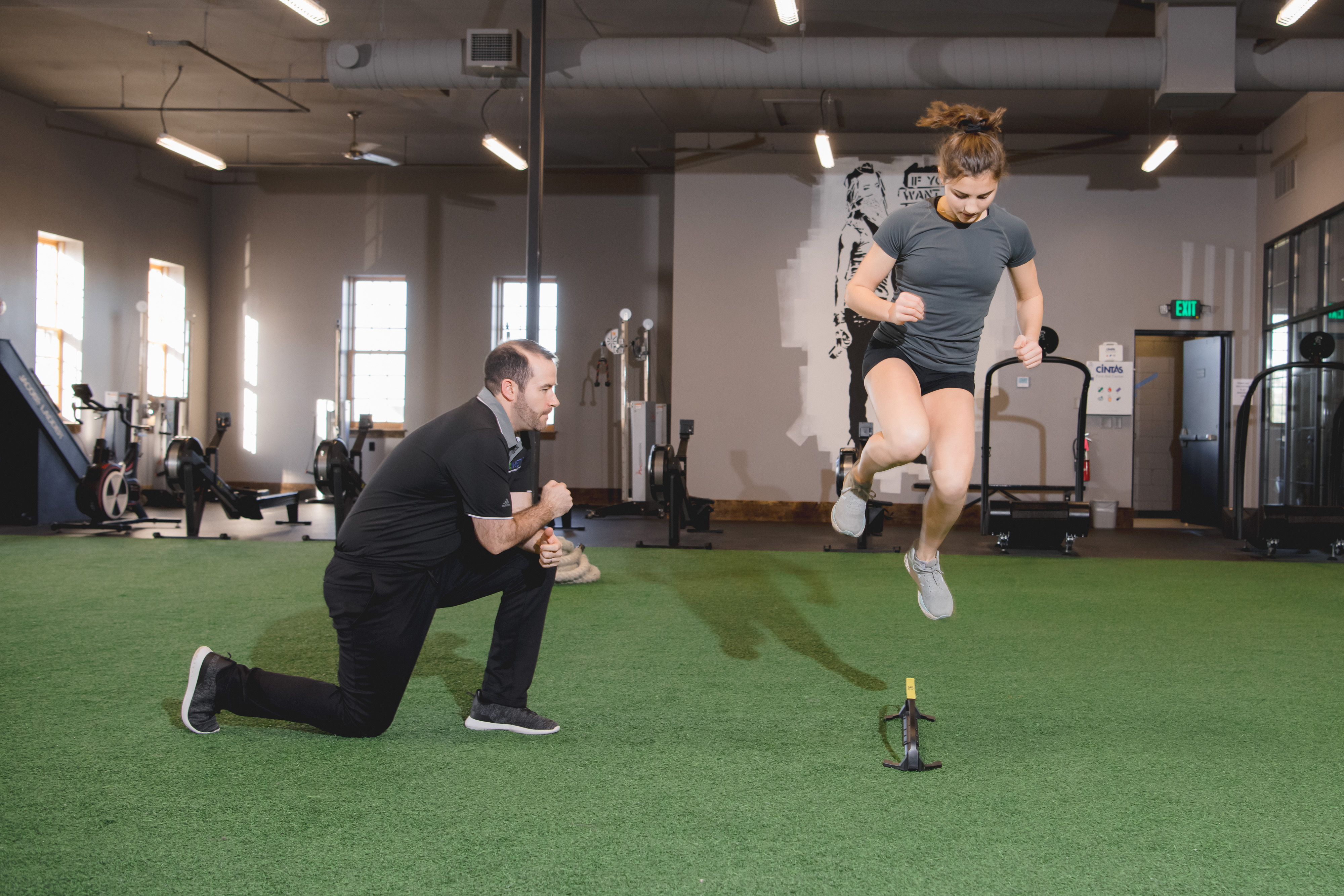 Athlete training agility during sports physical therapy.